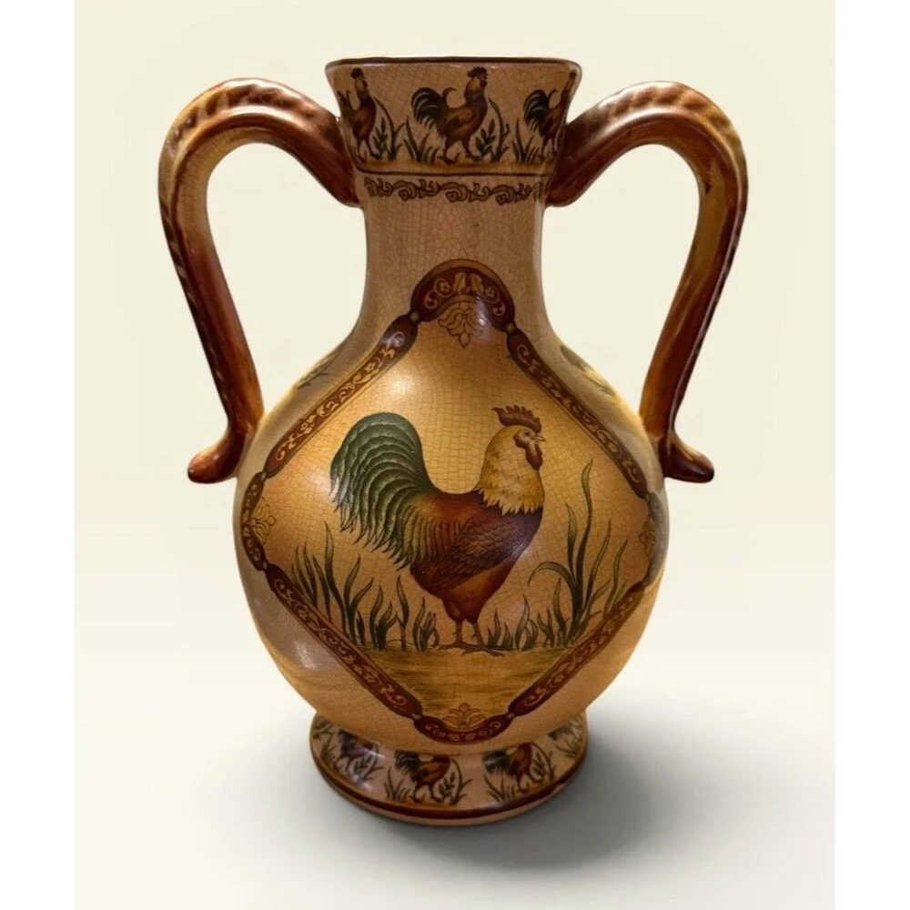 French Country Farmhouse Rooster Amphora Vase 10” Twin Handle Crackle Glaze